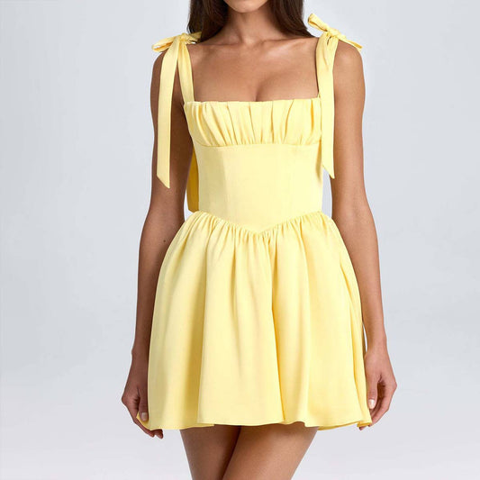 Stylish square neck high waist halter dress