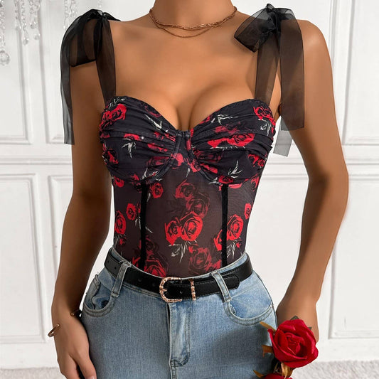 MESH PRINT SEXY FLOWER UNDERWIRE BODYSUIT