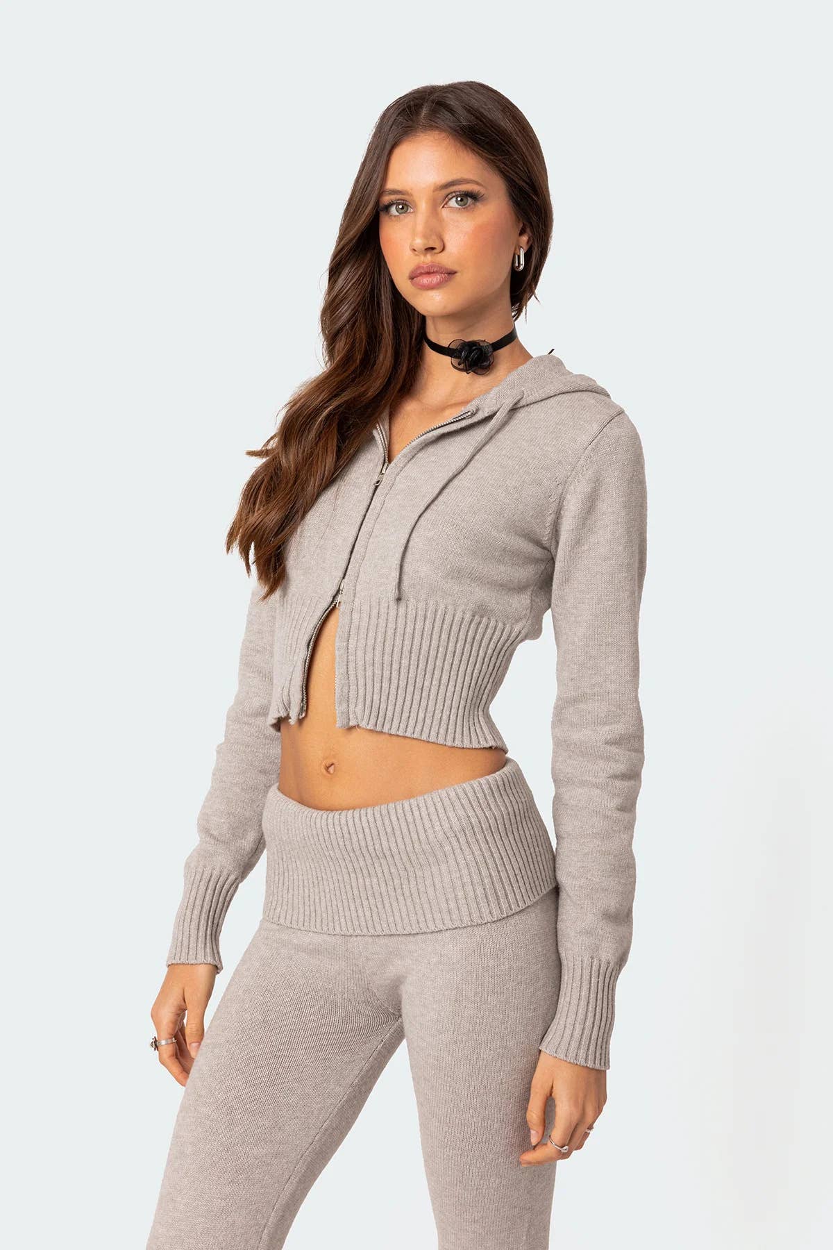 Two-piece sport zippered hooded top trousers set