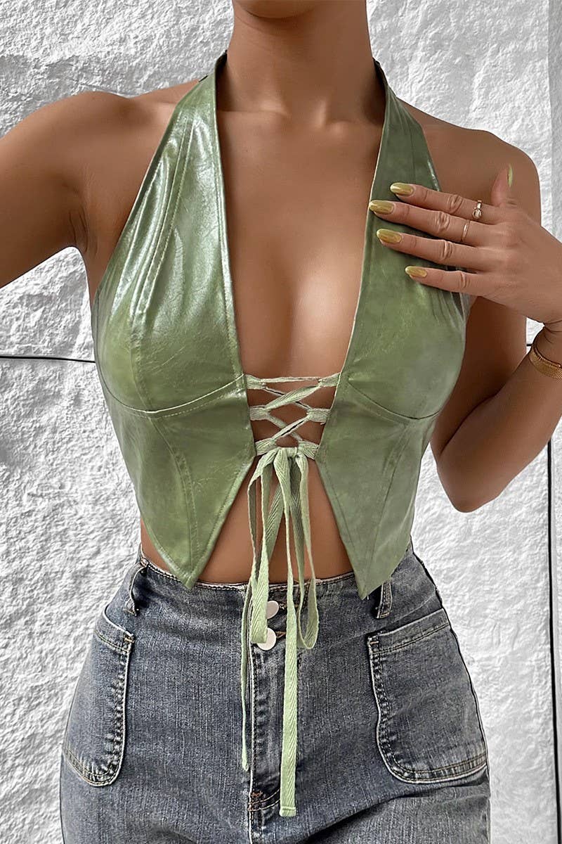 Cwtht0162_Low-Cut Halter Neck Lace-Up Pu Leather Vest