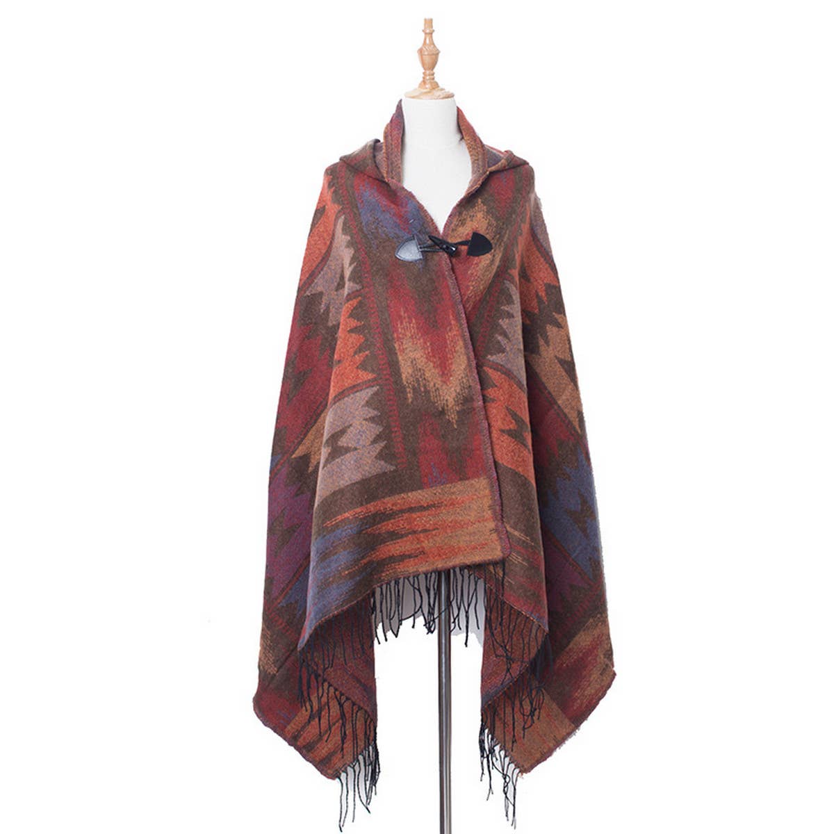 HORN BUTTON BOHEMIAN HOODED CAPE SHAWL