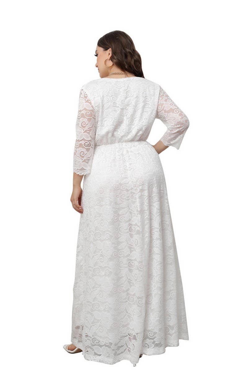 CWDMD3208_PLUS SIZE V NECK LACE LONG GOWN DRESS