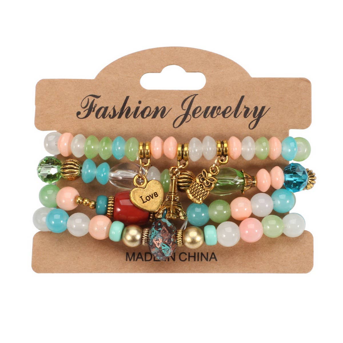 CWAJE05705_BOHO MULTI LAYER BEADED OWL EIFFEL BRACELET