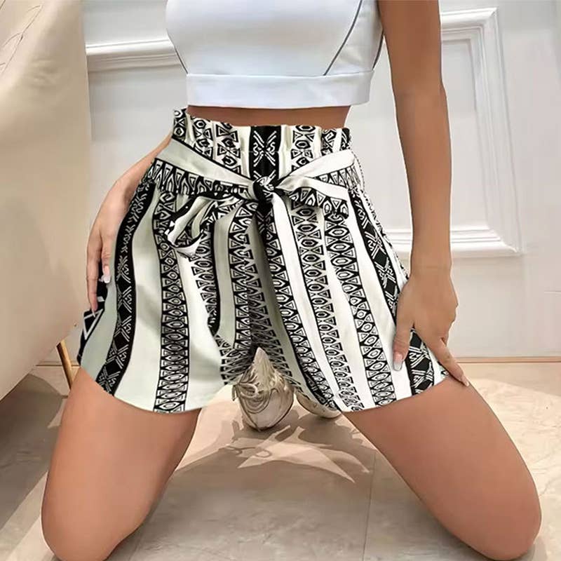 Printed High Waist Belted Slim Fit Casual Shorts