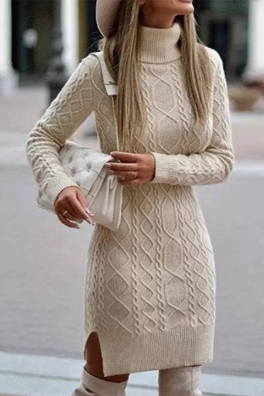 LONG-SLEEVED PULLOVER SWEATER DRESS WITH LAPEL