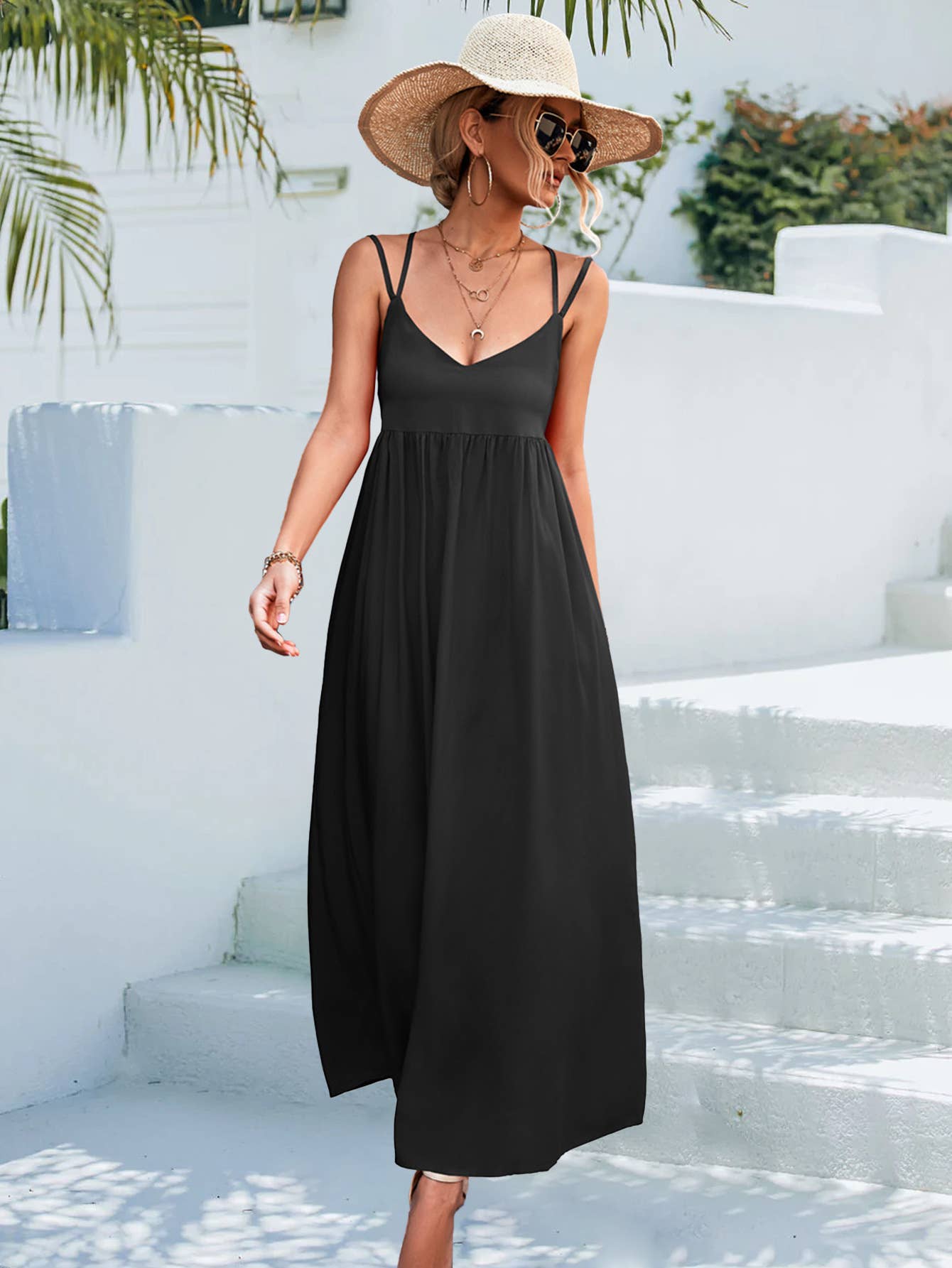 Sexy V-neck solid-color backless halter dress