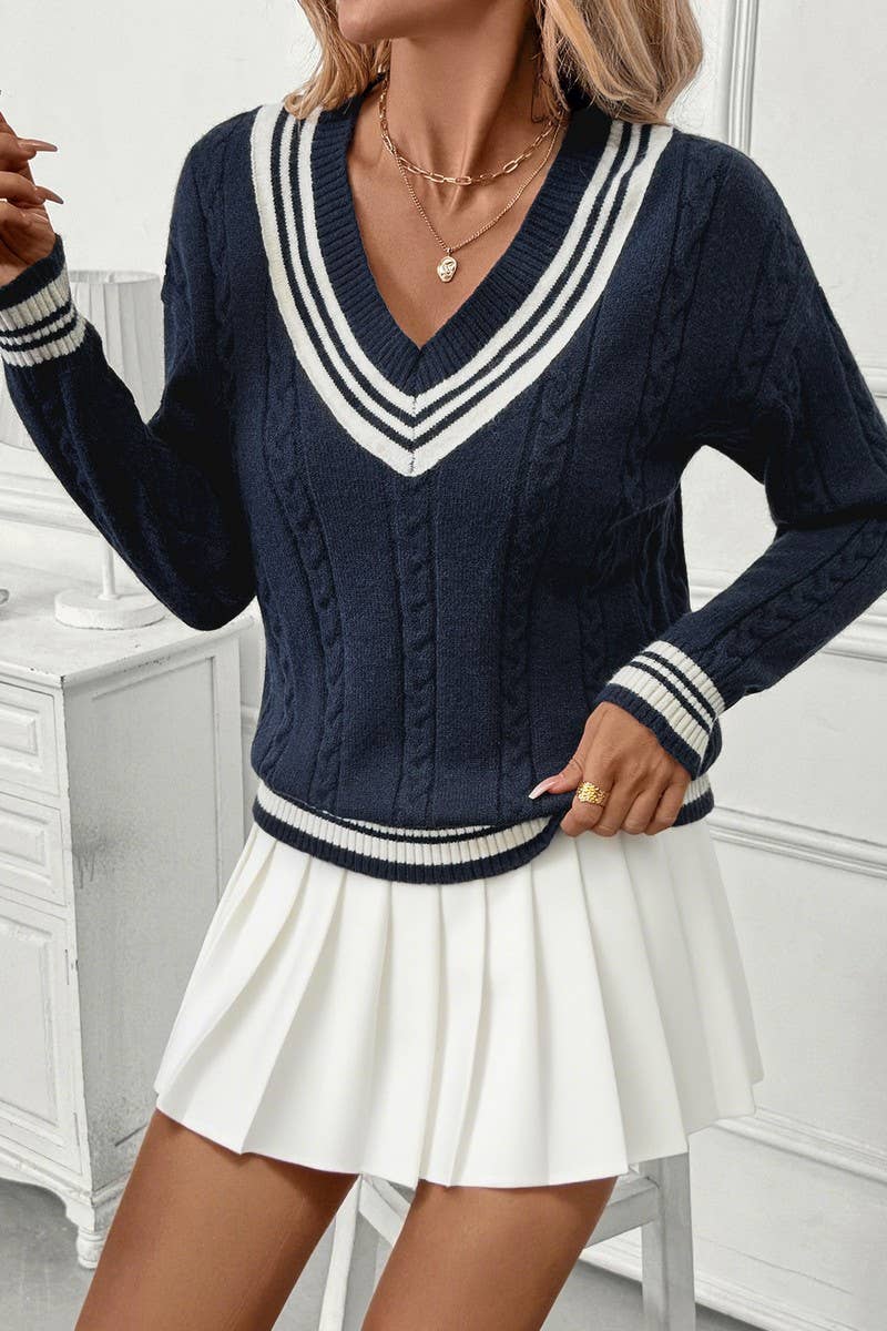 CWOSWL07133_V NECK CABLE KNIT COLORBLOCK PULLOVER SWEATER