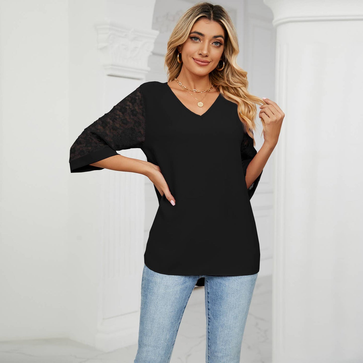 LACE HORN SLEEVE PATCHWORK CHIFFON BLOUSE