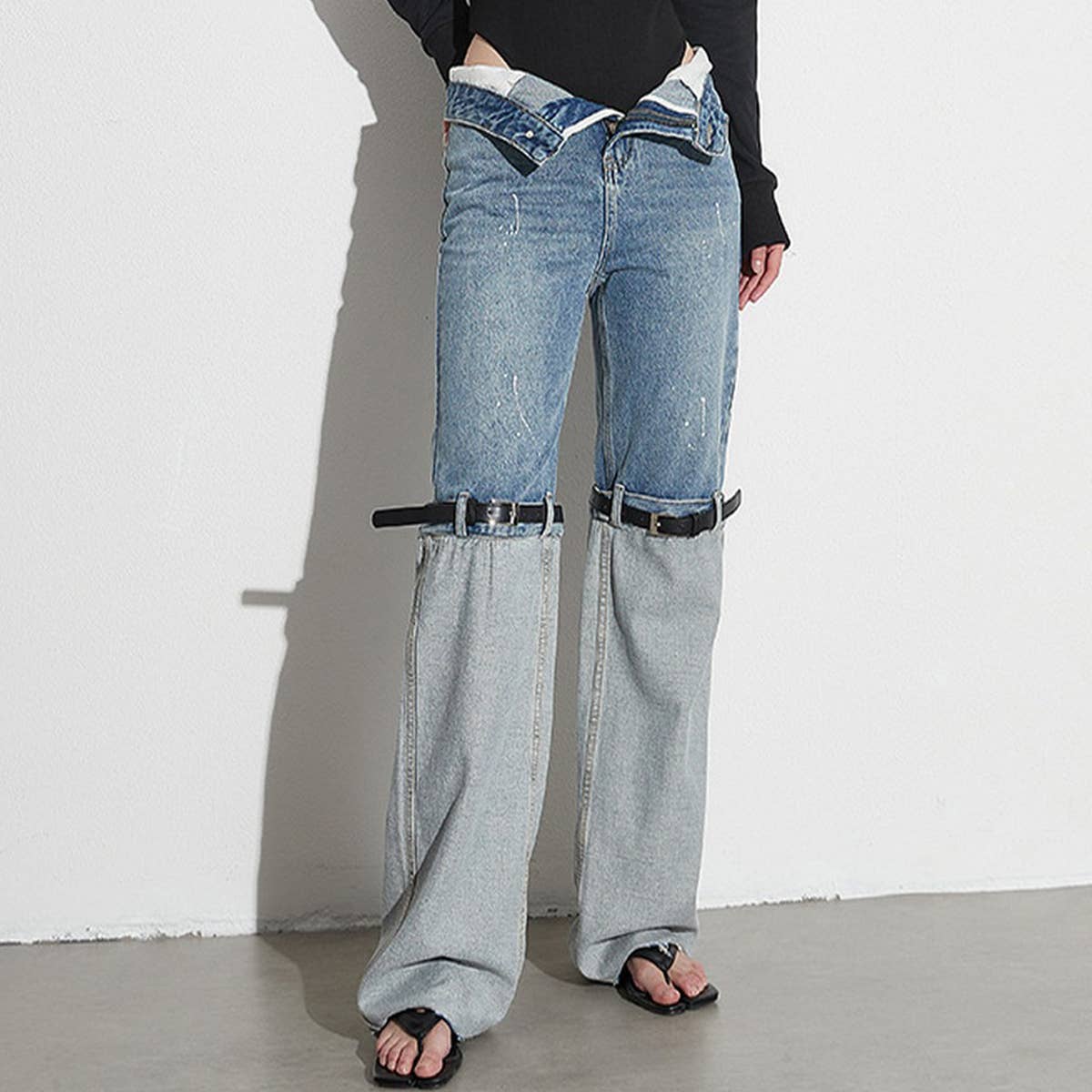 WOMENS HIGH WAISTED STRAIGHT LEG PATCHWORK JEANS