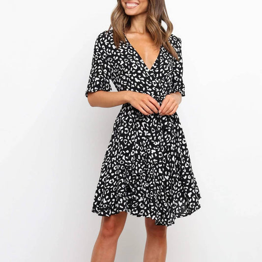 LEOPARD PRINT BELTED V-NECK DRESS
