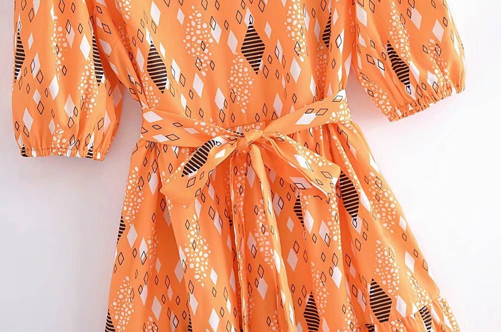 PRINTED CREW NECK FROCK WITH PUFFY SLEEVES