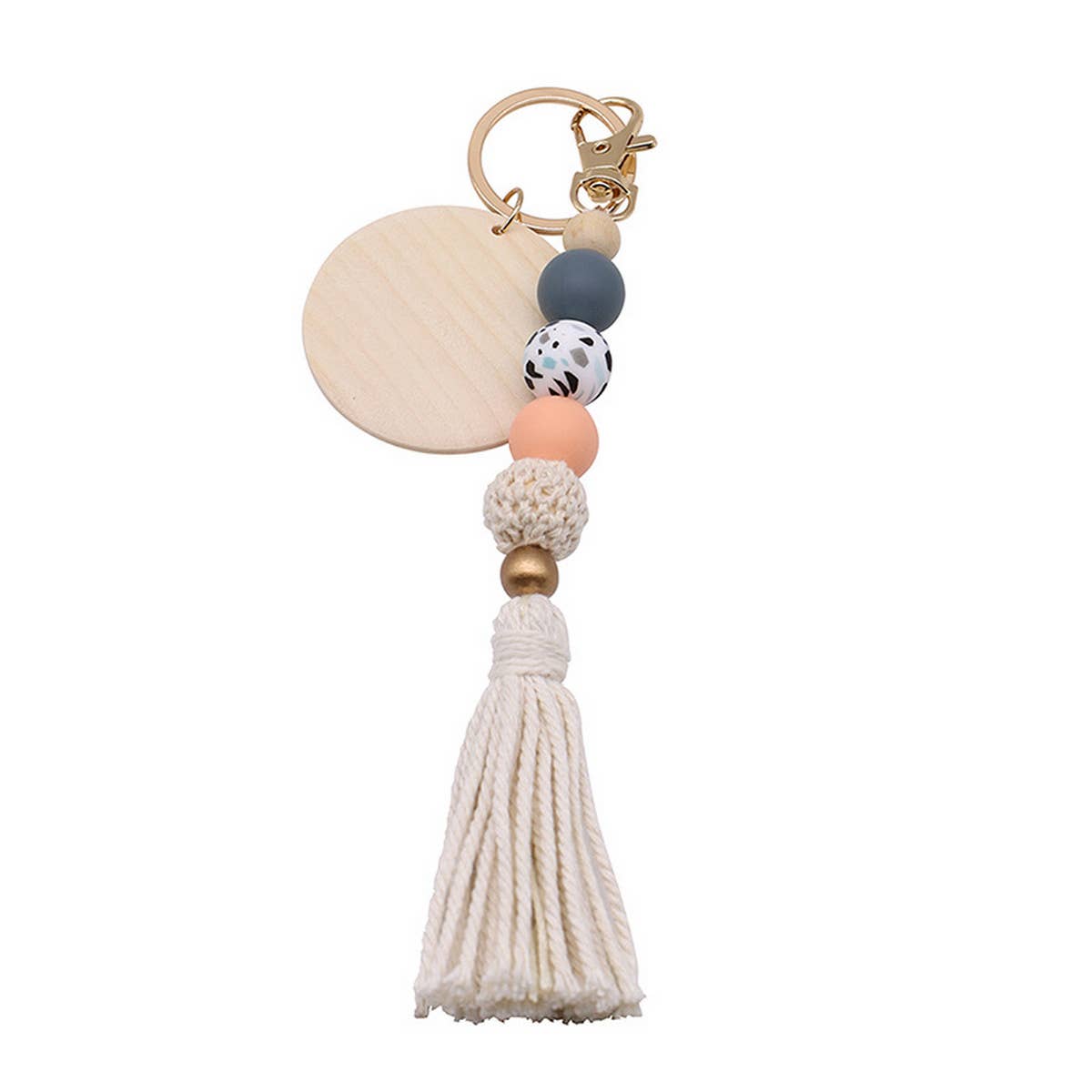 ROUND WOODEN BEADED TASSEL KEYCHAIN