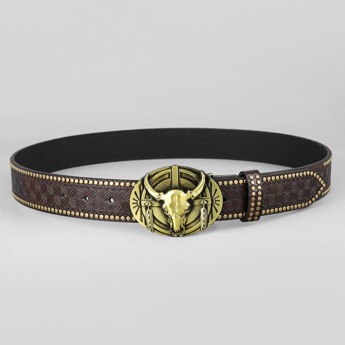 WESTERN LEATHER BELT WITH BULL HEAD BUCKLE RIVET _CWABE0415
