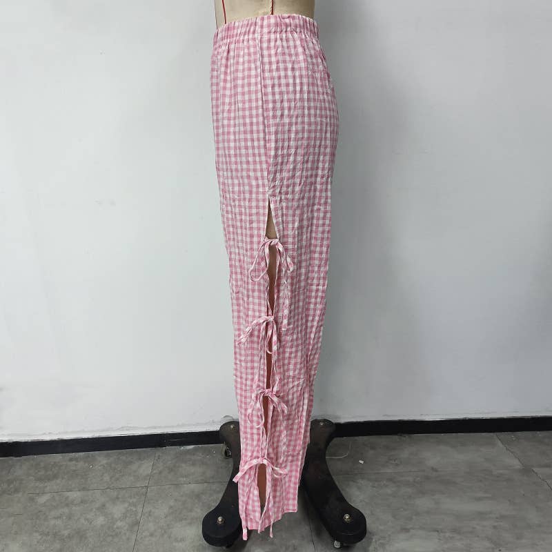 Stretched-waist checkered printed tie long pants
