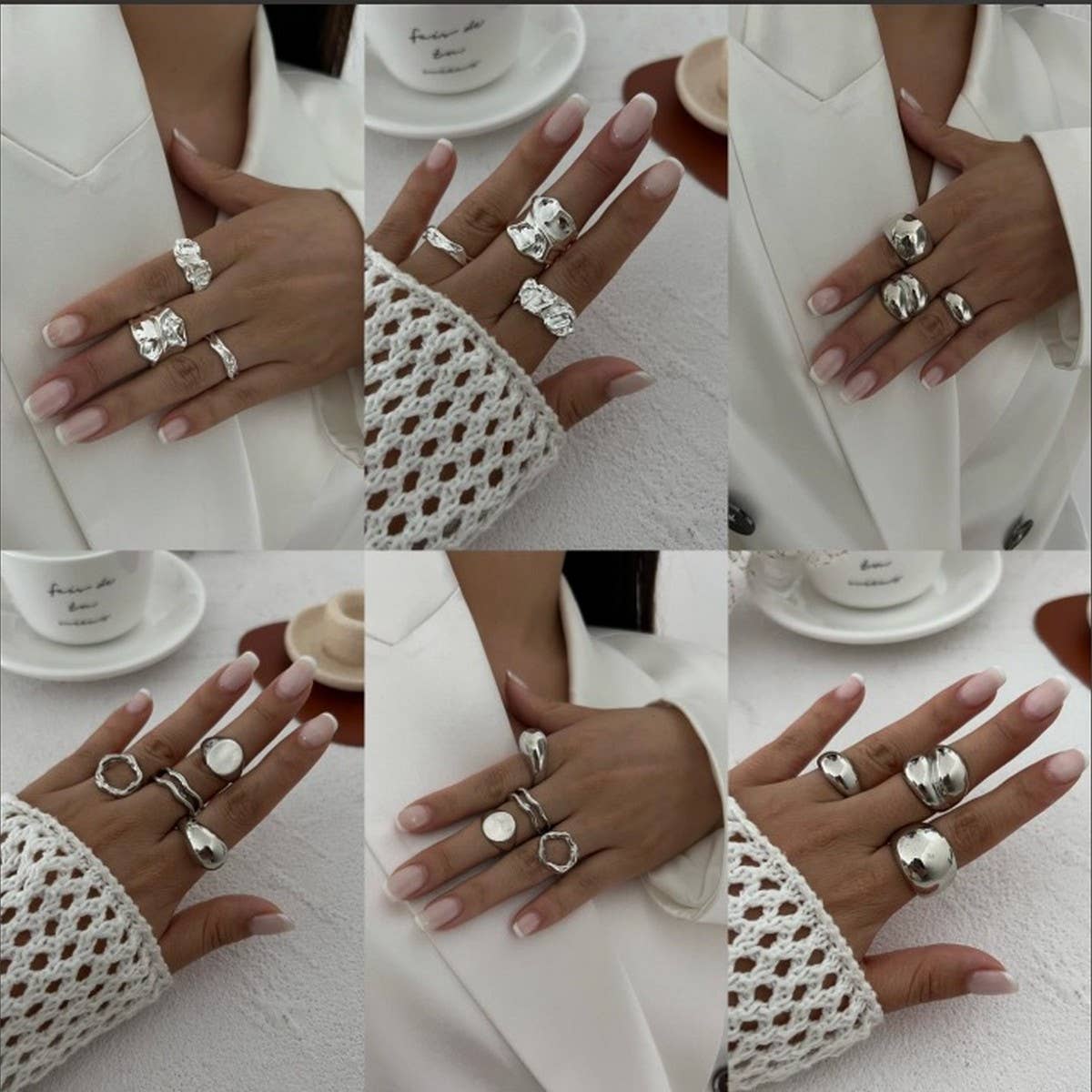 NICHE TEXTURED GLOSSY GEOMETRIC OPEN RING SET_CWMM3235