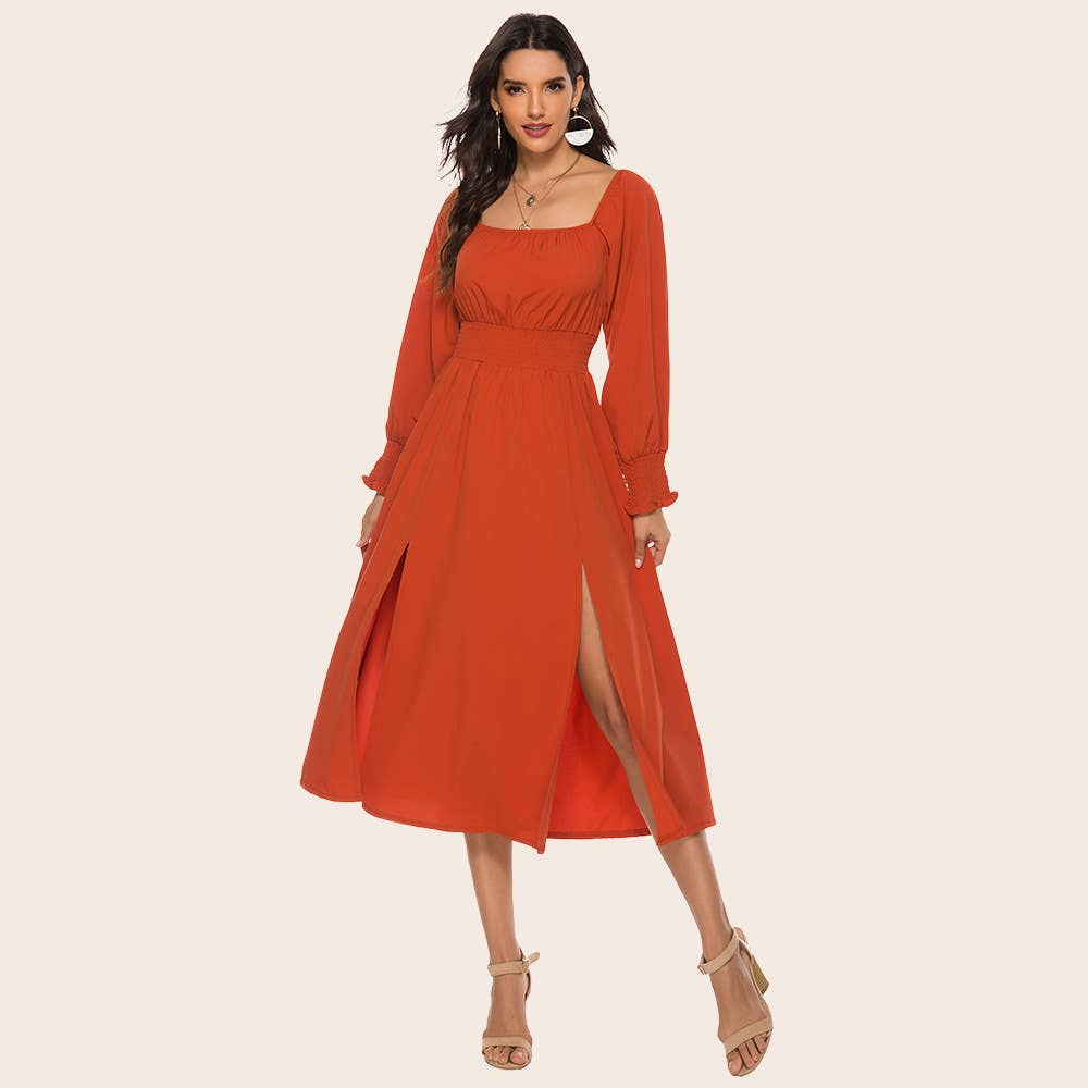 Fashion square collar waist long-sleeved dress