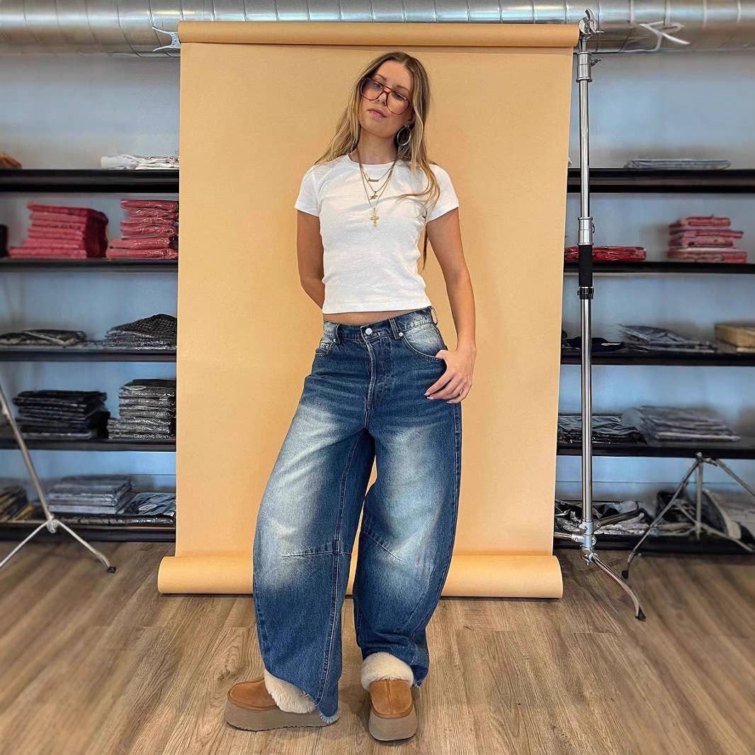 Retro washed loose straight-cut jeans