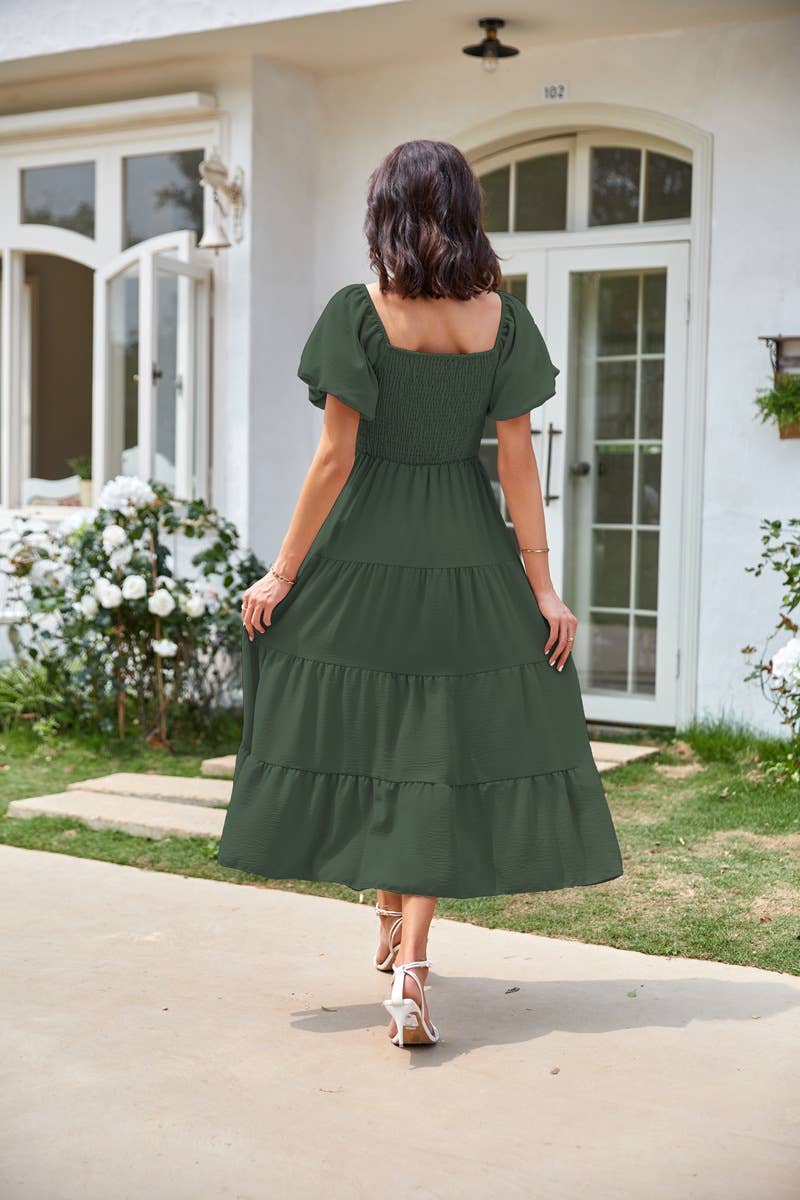 Square neck backless puffy sleeve pleated dress
