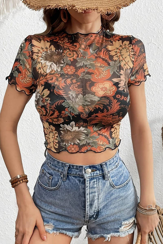 Cwtbls1533_Mesh Printed Ruffled Short Sleeve T-Shirt Top