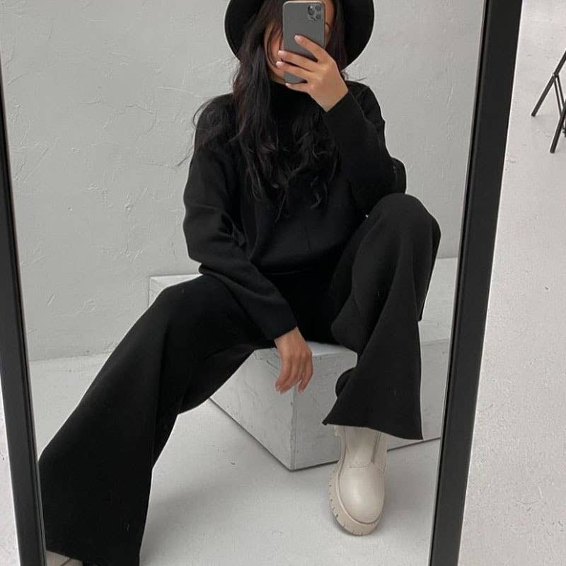 LONG SLEEVE LOOSE SWEATER KNIT TOP PANT SUIT