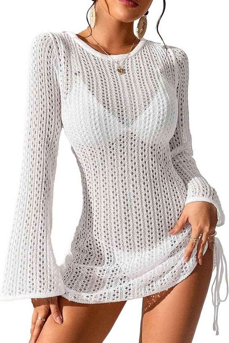 CWDSD6776_DRAWSTRING MID-WAIST CREW NECK LONG SLEEVE DRESS