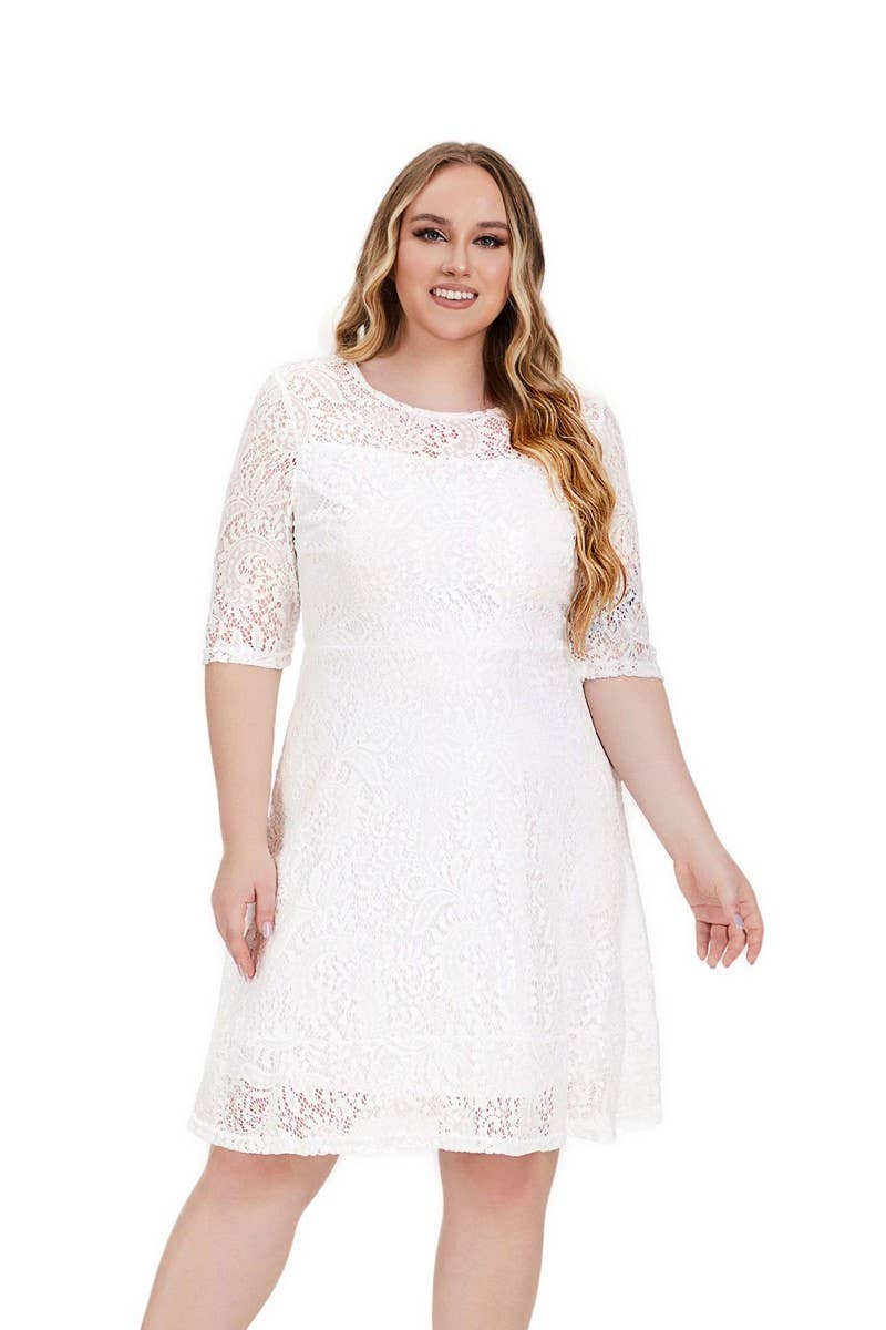 CWDSD5552_PLUS SIZE ROUND NECK LACE MIDI DRESS