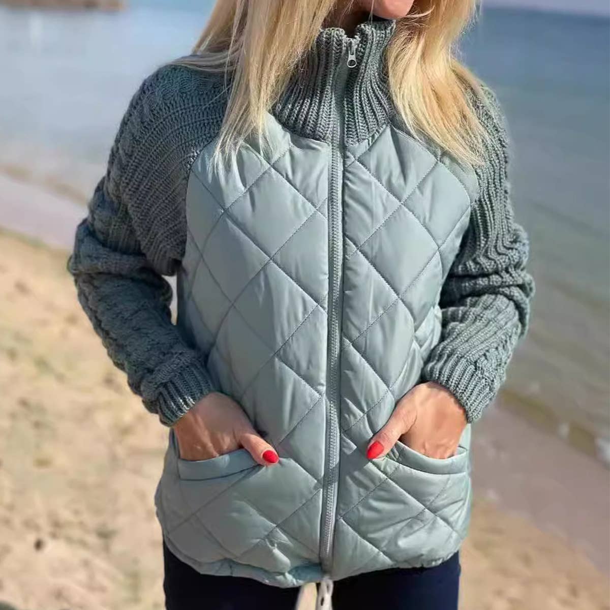 ZIPPER LONG SLEEVE STAND-UP COLLAR QUILTED JACKET