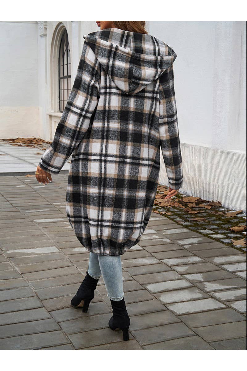 CWOCO0236_Casual Baggy Plaid Long Sleeved Zipper Hooded Coat