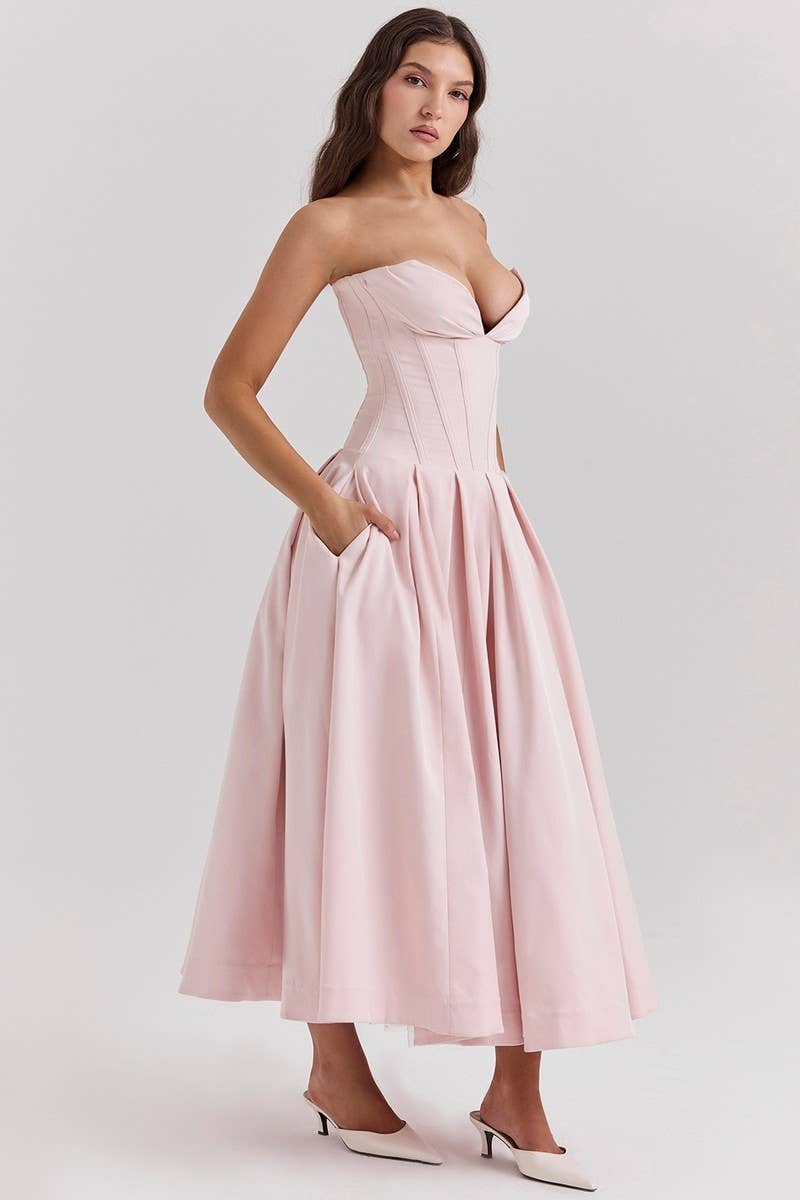 CWDTD0466_SLEEVELESS SOLID COLOR STRAPLESS MIDI DRESS