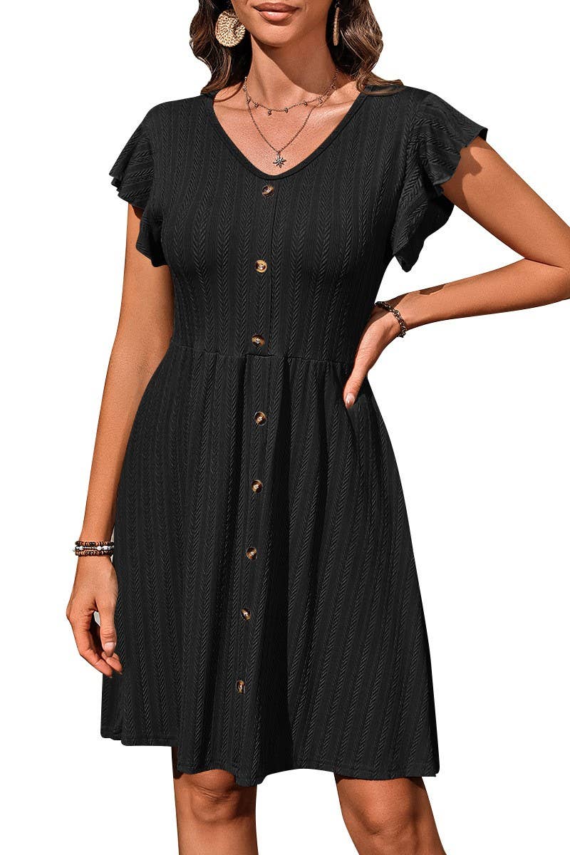 CWDSD6686_V-NECK BUTTON WAIST ELASTIC SHORT SLEEVE DRESS
