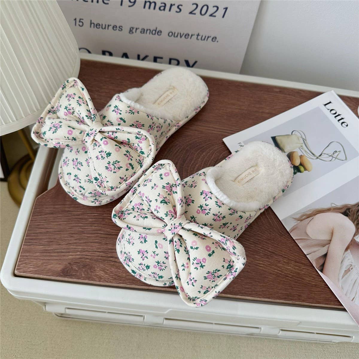WOMEN'S BOWKNOT FLORAL PLUSH HOME SLIPPERS