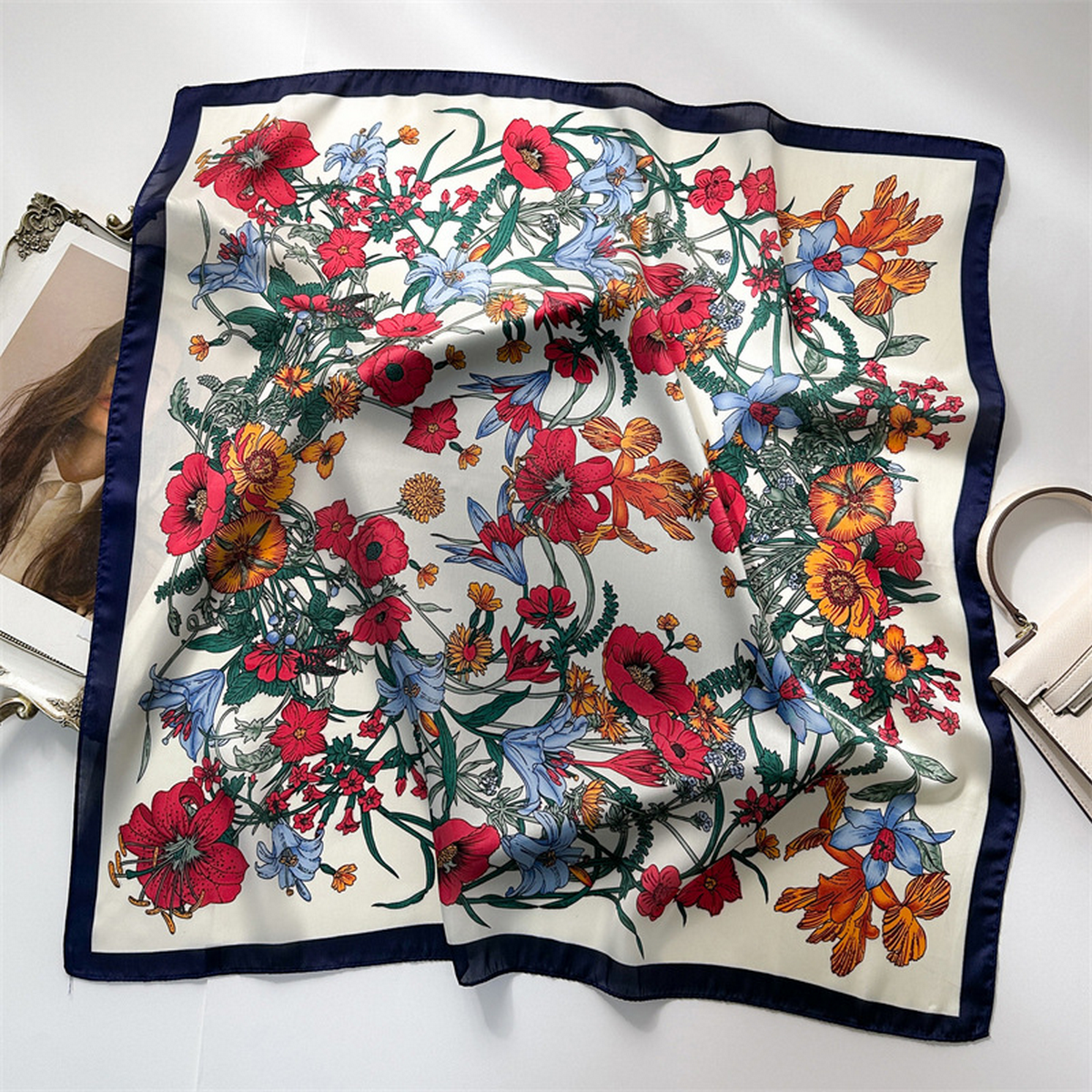 Lily Print Satin Square Scarf for Summer Sun