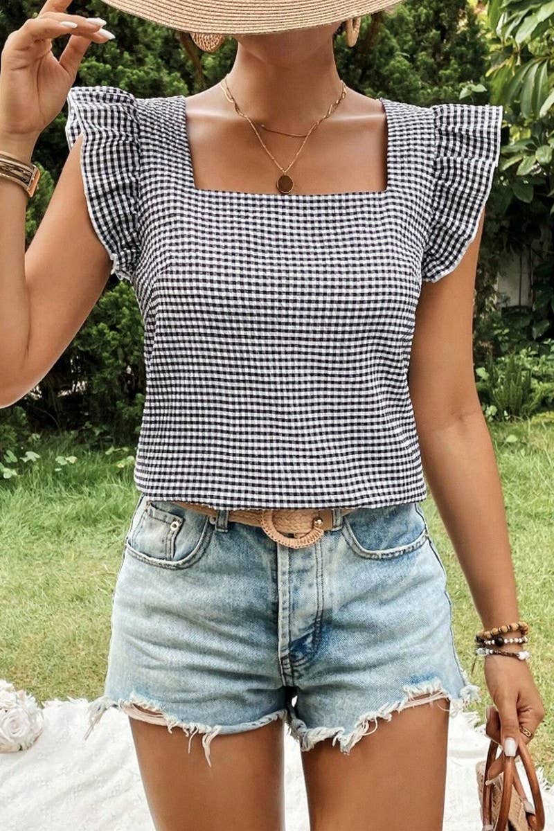 Cwtblsl0969_Plaid Ruffle Square Neck Blouse Top