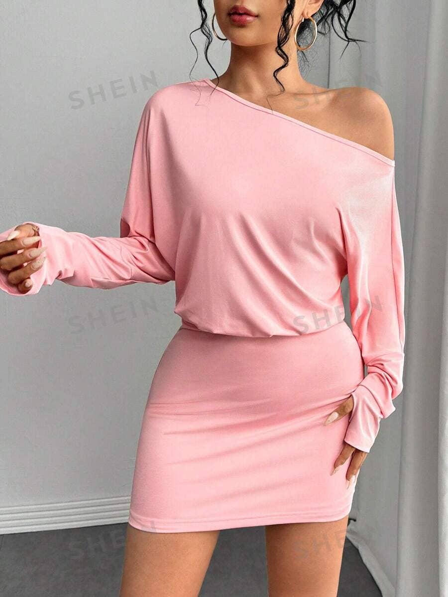 SLIM-FIT DRESS WITH SLOPING NECK AND LONG SLEEVES
