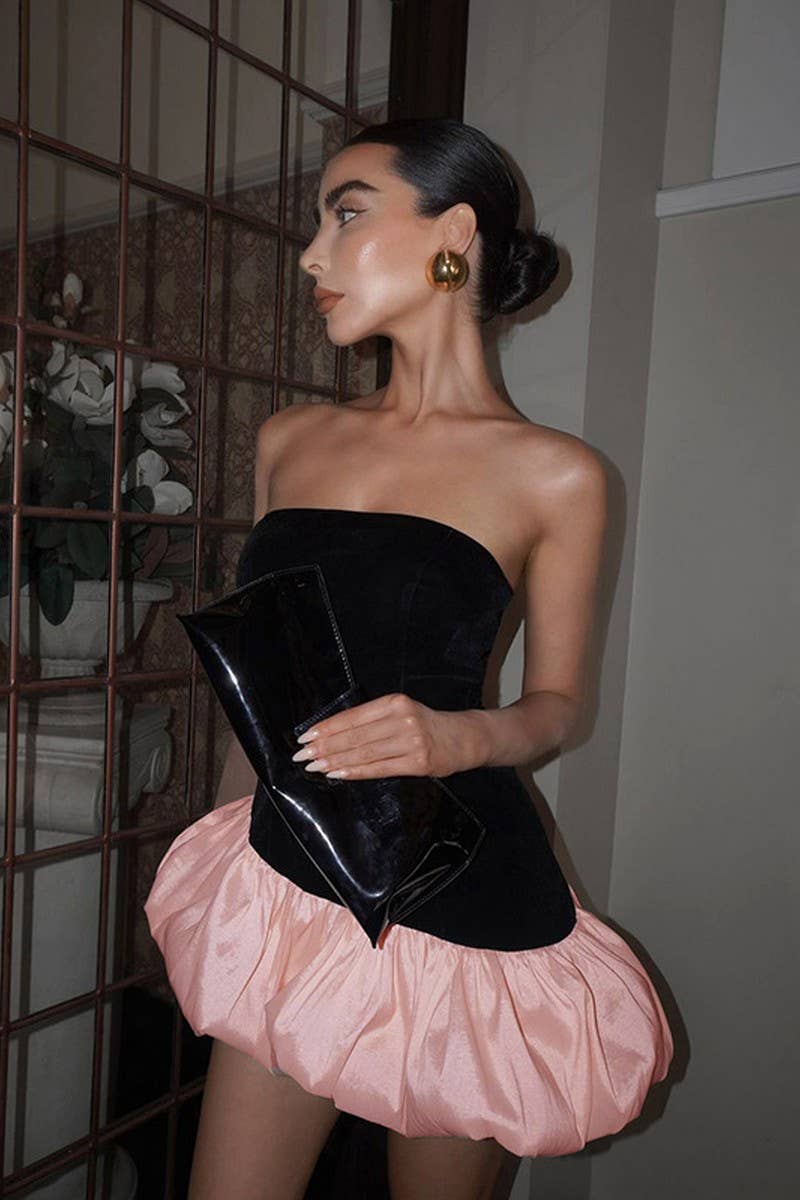 CWDSD8902_ELEGANT TUBE-TOP SLEEVELESS PATCHWORK PUFFY DRESS