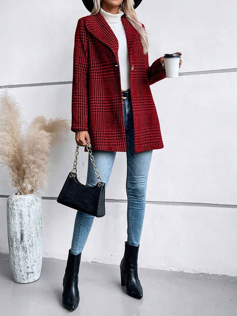 LAPEL WOOL PLAID COAT SLIM TEMPERAMENT COAT