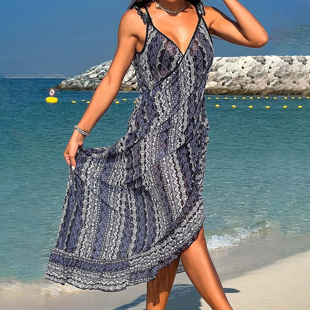 Floral Print Beach Dress Ruffled Hem SunProtection