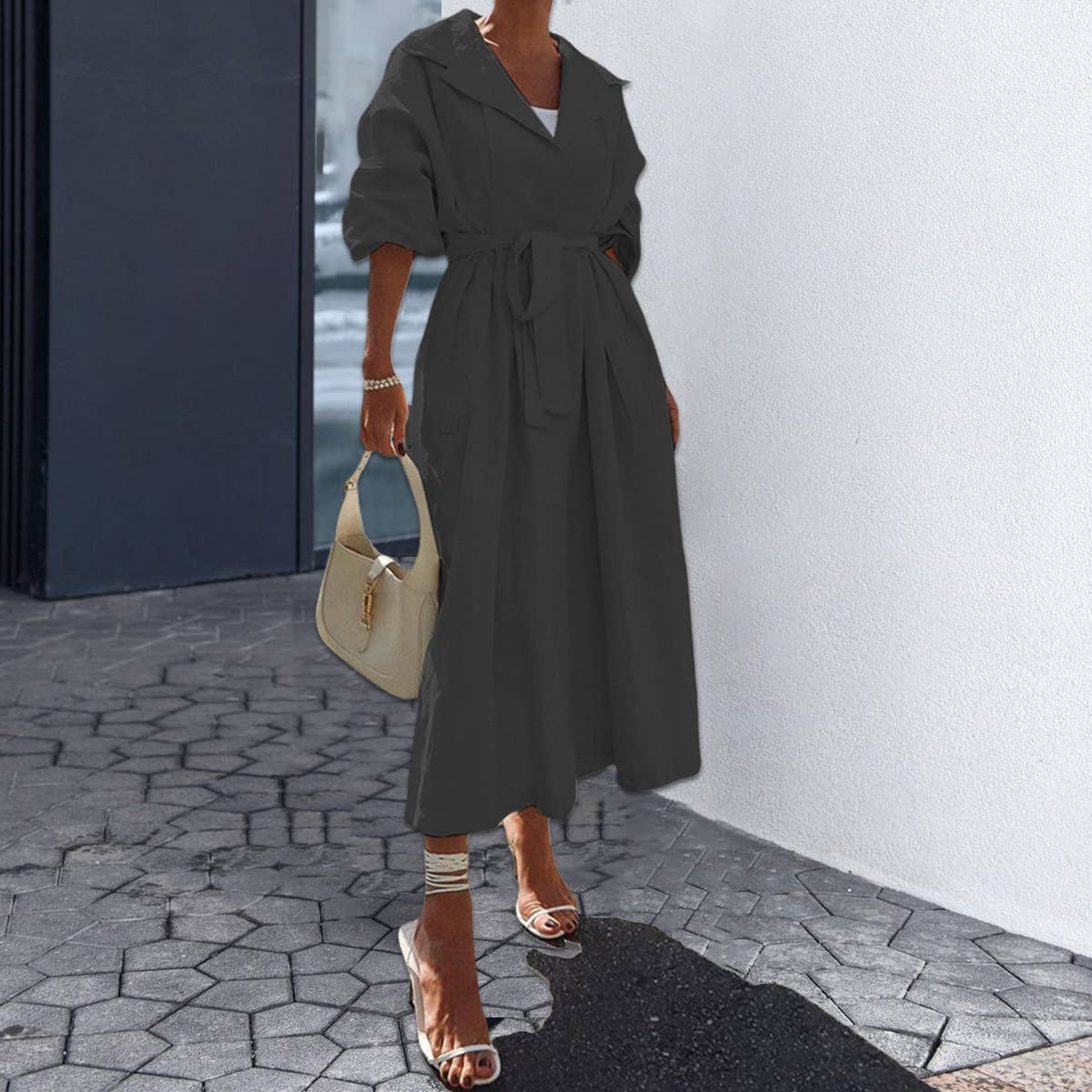 TEMPERAMENT LONG SLEEVE SOLID COLOR TRENCH COAT