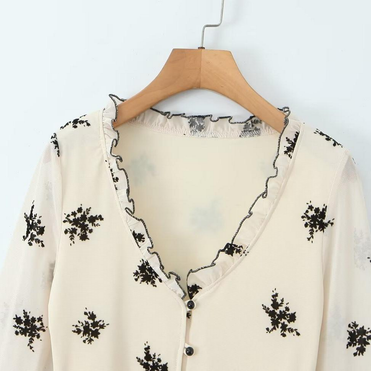 Floral Ruffle Mesh Cardigan V Neck Top