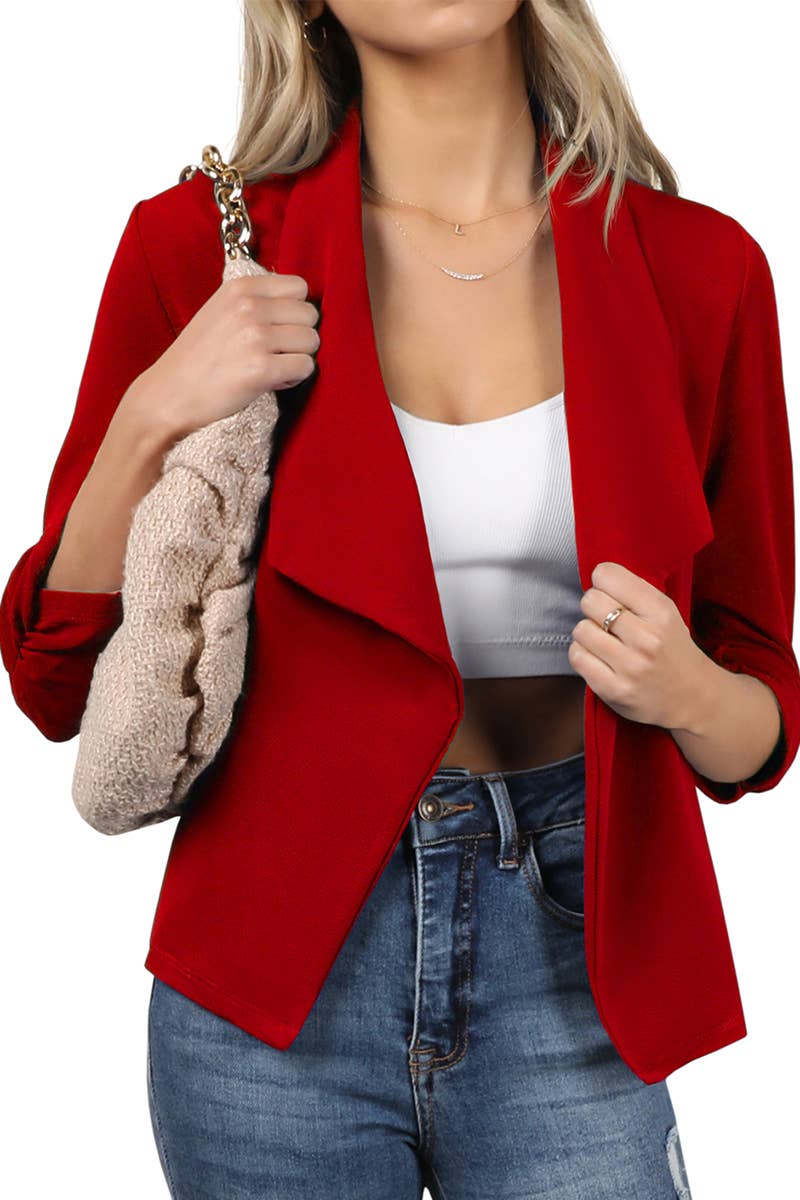 CWOBL091_Casual Work Ruched 3/4 Slv Open Front Blazer Jacket