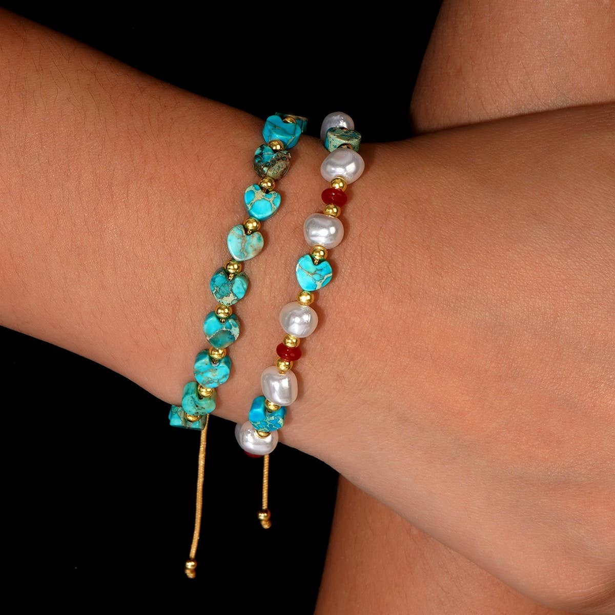 SEMI-PRECIOUS STONE IMITATION PEARL HEART BRACELET