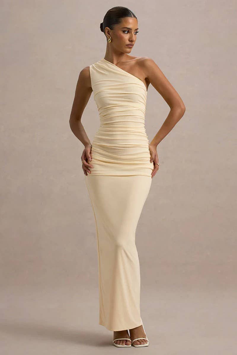 CWDMD5048_OFF-SHOULDER RUCHED BODYCON GOWN DRESS