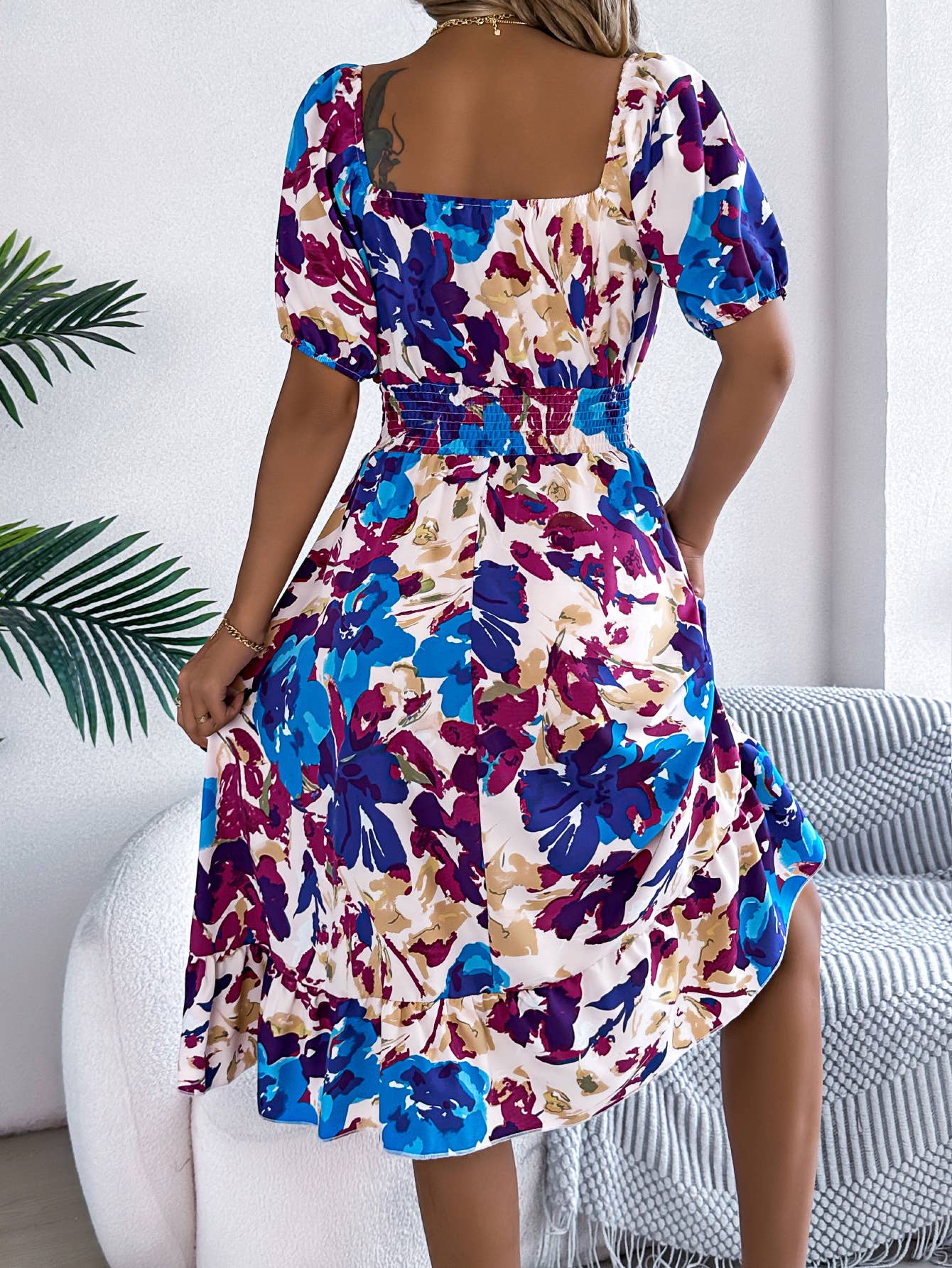 Printed square collar waist peplum A-line dress