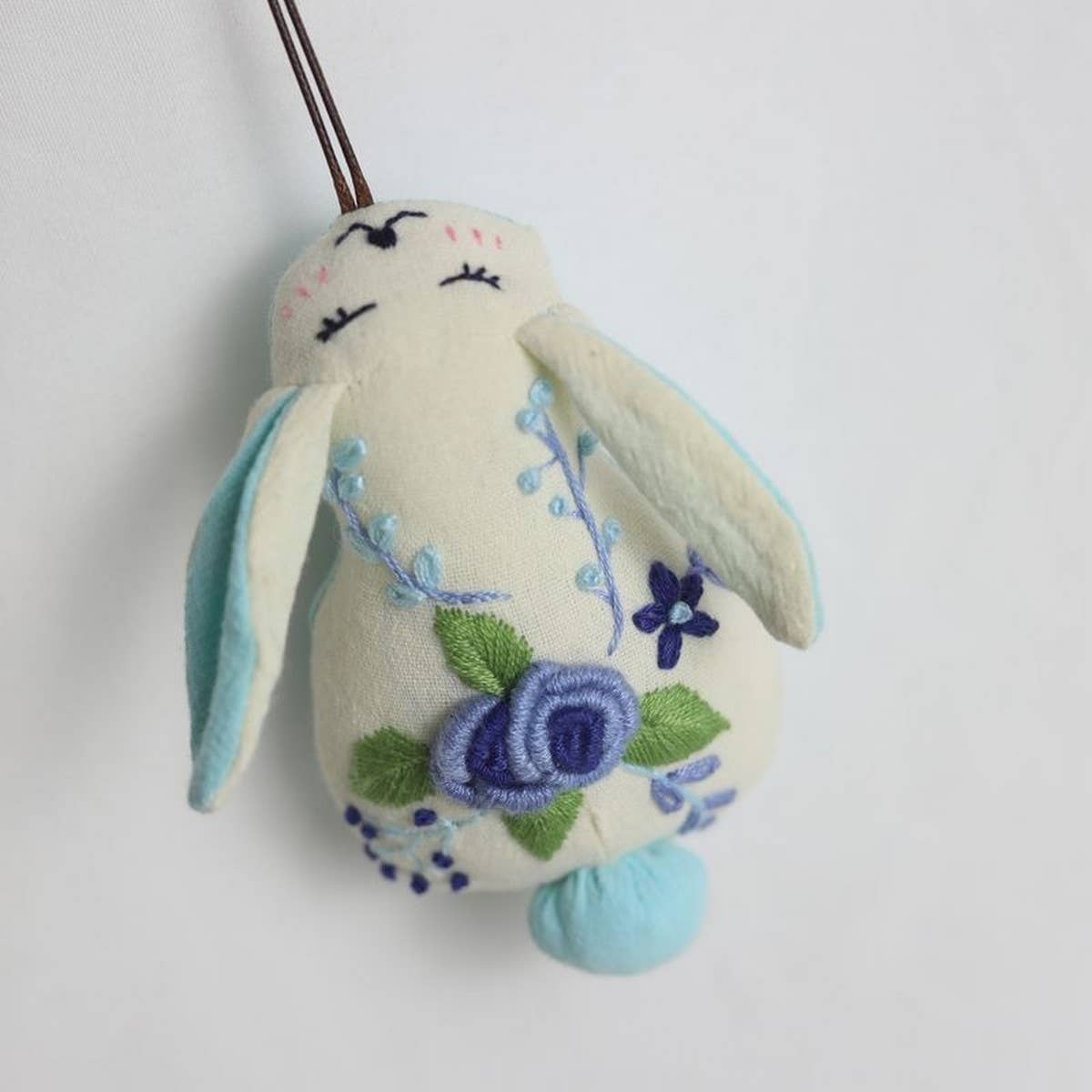 Hand-Embroidered Blue Rose Bunny Plush Charm