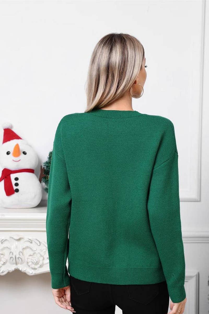CWOSWL07582_CARTOON DEER JACQUARD CHRISTMAS SWEATER