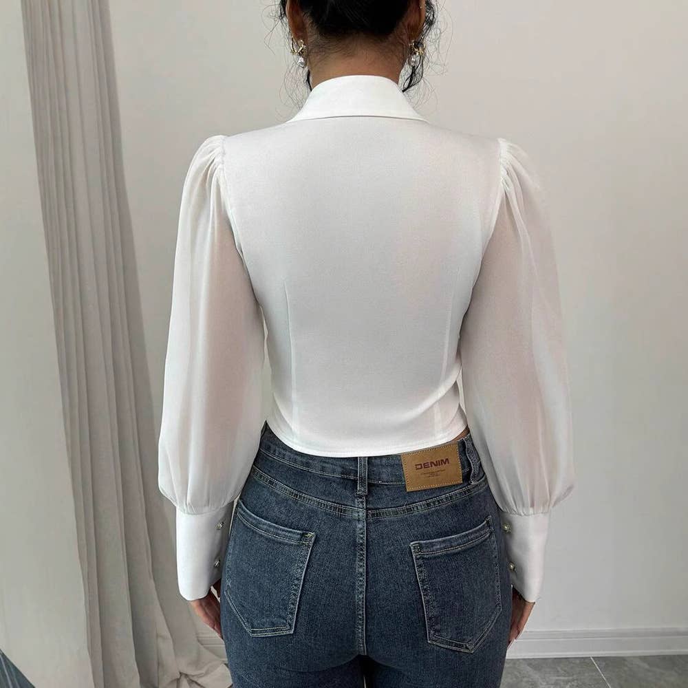 SOLID COLOR BELTED SHIRT WITH LANTERN SLEEVES