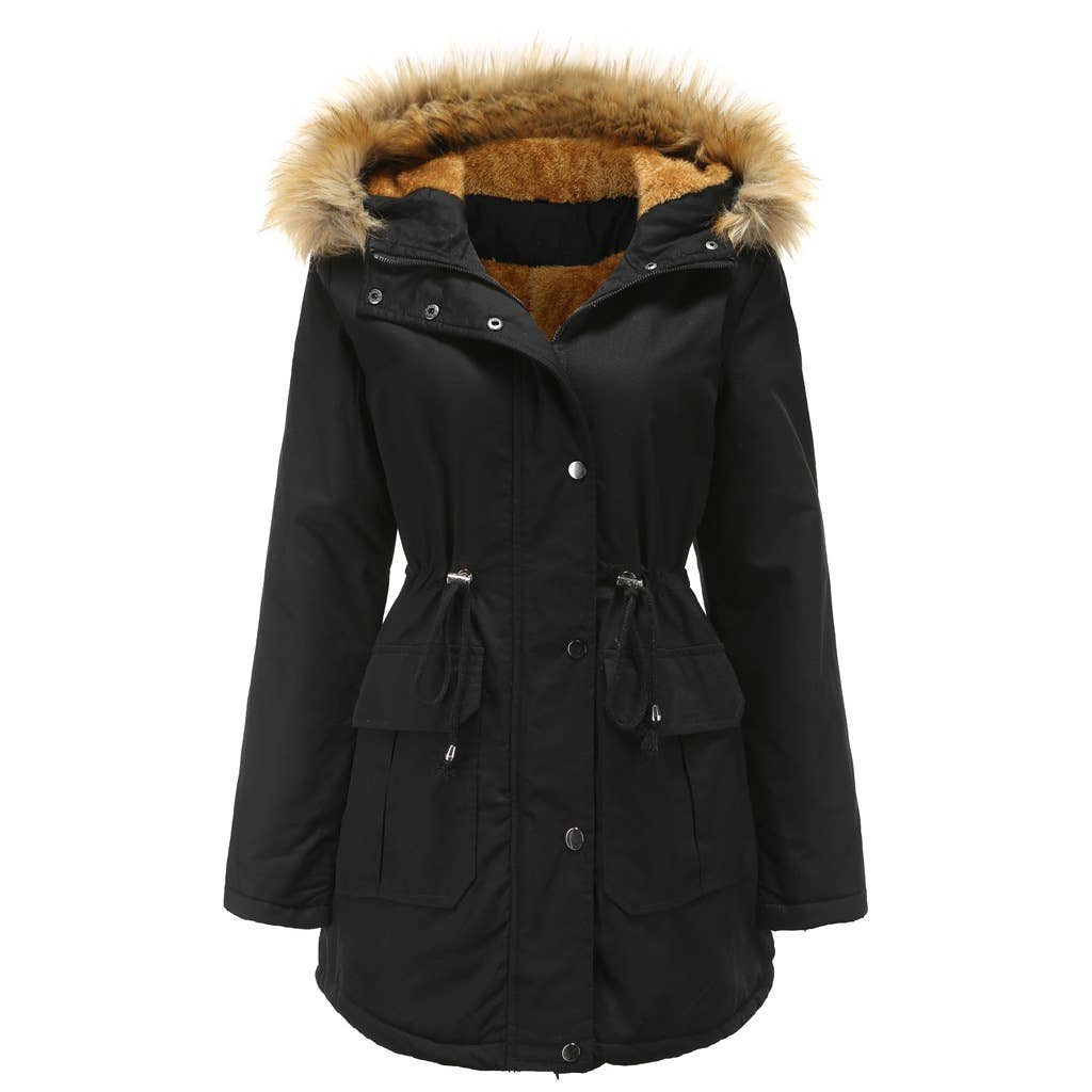 HOODED FUR COLLAR AND FLEECE PADDED JACKET