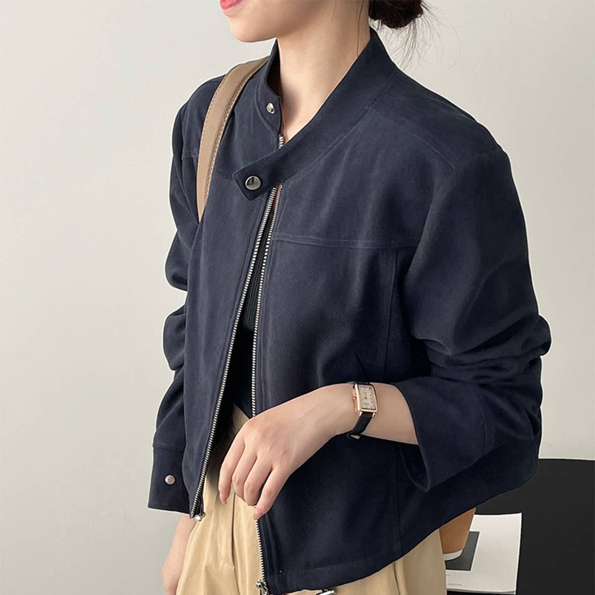 Vintage stand-up collar suede short jacket