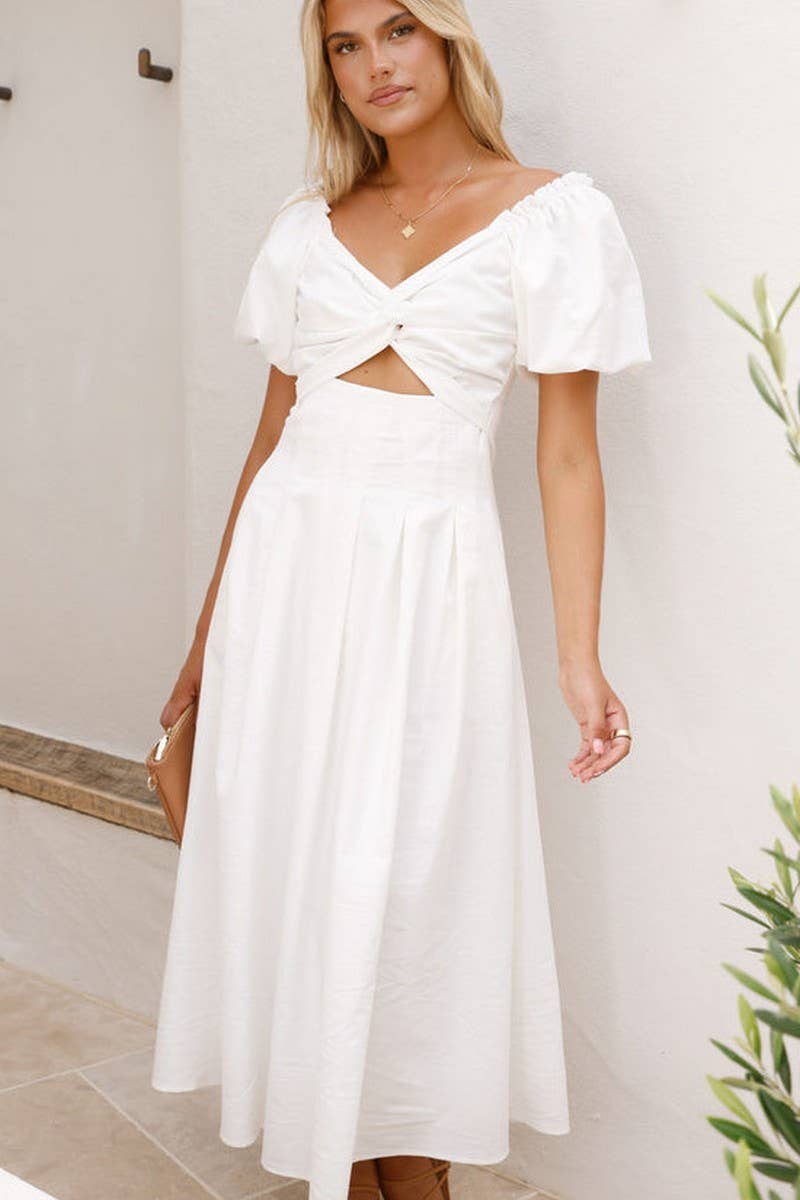 CWDMD5652_SOLID V-NECK LONG PUFF SLEEVE SLIM MAXI DRESS