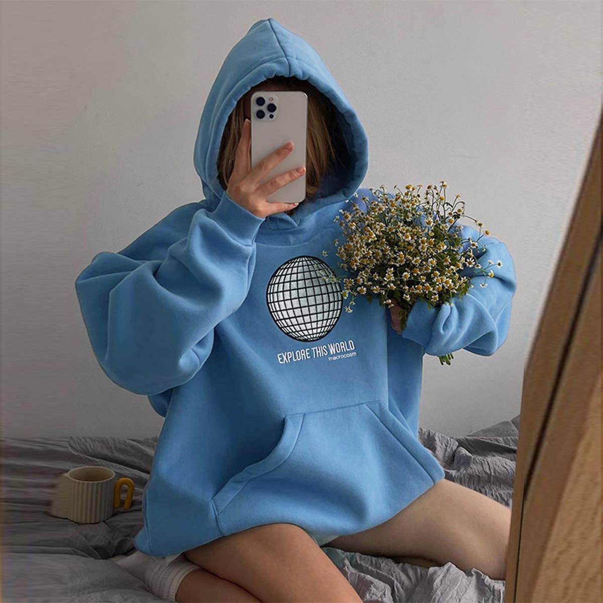 Letter-printed long-sleeved hooded hoodie for women